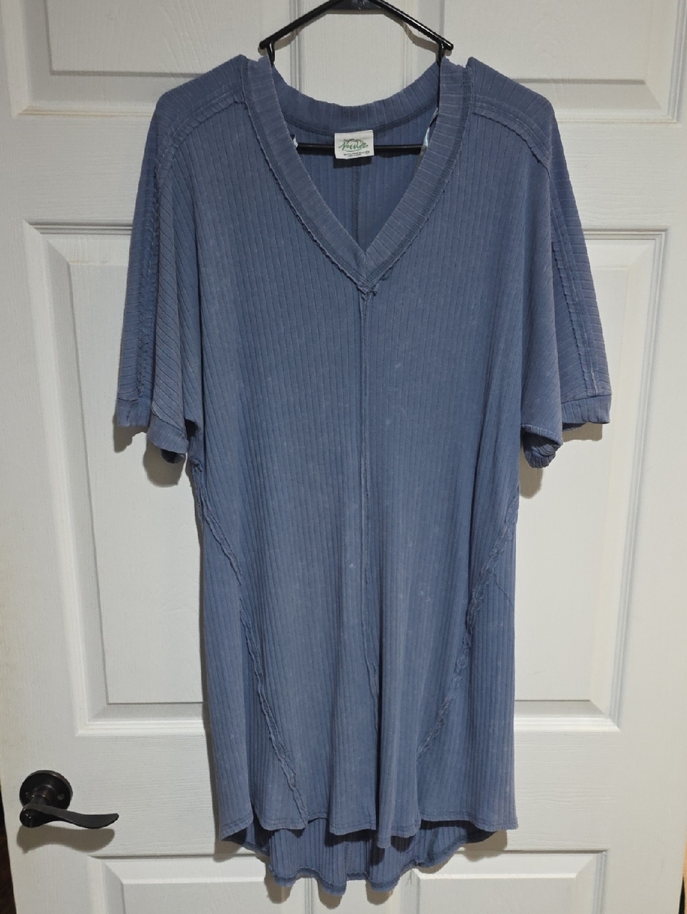 Vintage Blue Ribbed V-Neck Tunic
